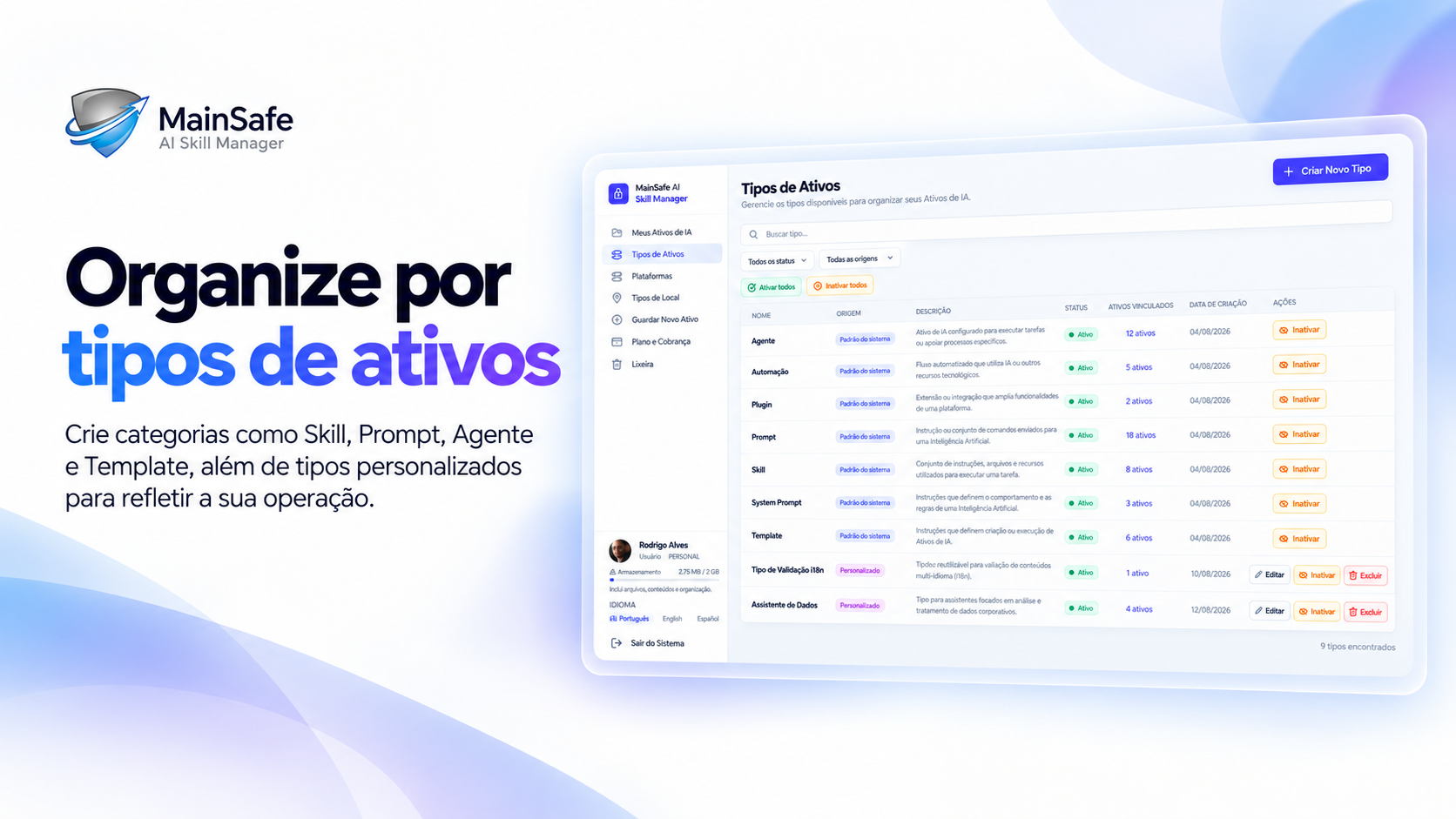 Organize por tipos de ativos